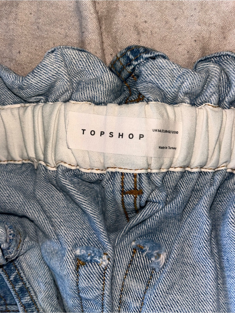 TOPSHOP Light Blue Denim Paperbag Waist Jean Shorts, Size 10